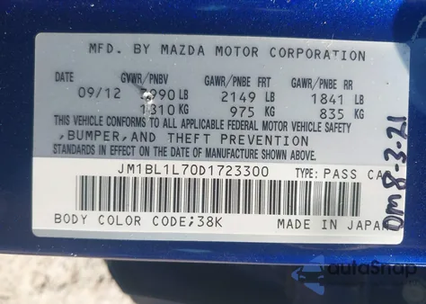 2013 Mazda Mazda3 I Touring from USA, damaged, VIN JM1BL1L70D1723300